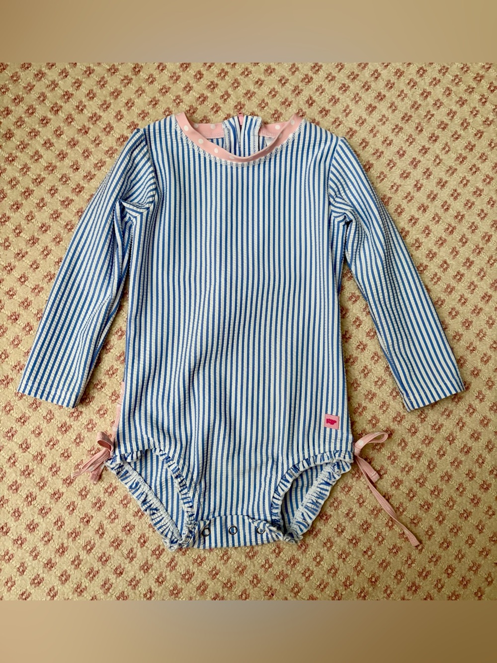 Ruffle Butts Blue & White Striped Long-Sleeve Rashguard with Pink Trim